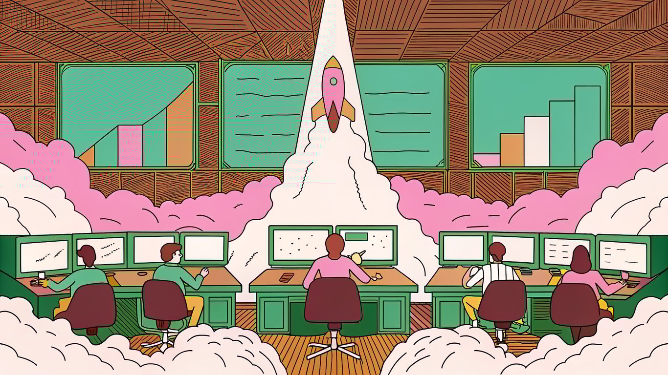 A bustling modern newsroom with writers at sleek desks, a large digital screen showing rising analytics, and a stylized rocket made of stacked articles launching upward, symbolizing scaling content production.