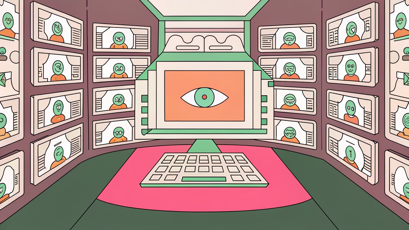 A sleek, high‑tech newsroom where holographic screens display endless rows of AI‑generated articles, a glowing WordPress dashboard sits at the center, and a digital eye of a search‑engine algorithm watches over the content flow.