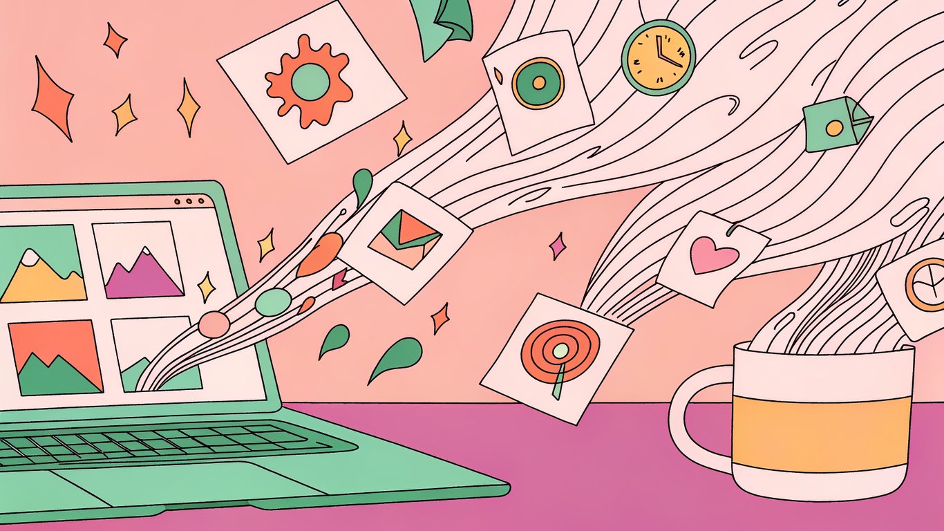 Dynamic split‑screen workspace: a laptop screen showing an open blog editor beside floating icons of Canva, Google, and a stopwatch hovering over a steaming coffee mug, all rendered in vibrant, energetic colors that capture the chaotic yet organized flow of batch writing.