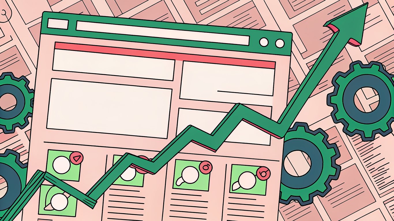 A stylized WordPress admin dashboard with a highlighted category list, surrounded by ascending SEO graph lines and digital gears in vibrant blue and green tones, set against a subtle backdrop of web pages and search engine icons.