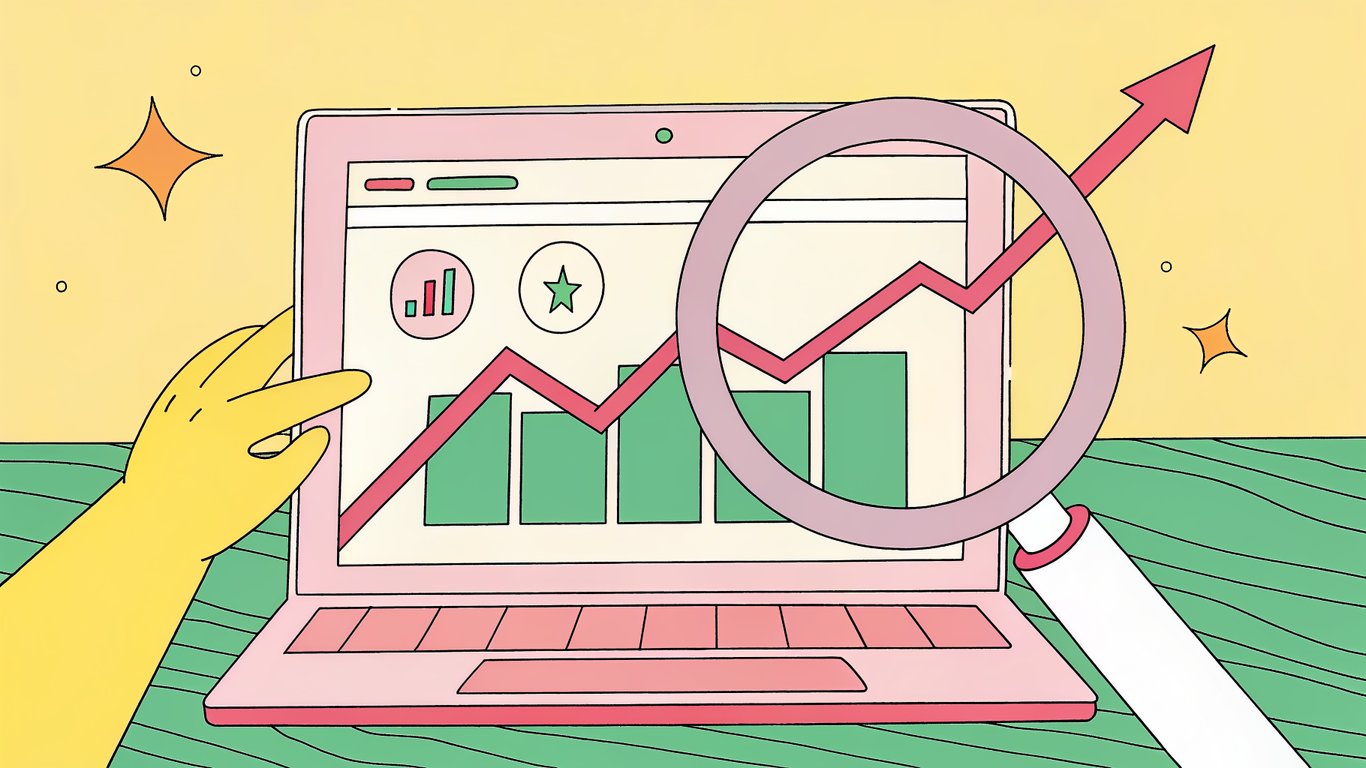 A stylized illustration of a WordPress dashboard on a laptop screen, with a magnifying glass hovering over a search bar that displays icons for different intent types (education, purchase, service) and arrows pointing to a rising CTR graph, all rendered in a vibrant, modern color palette.