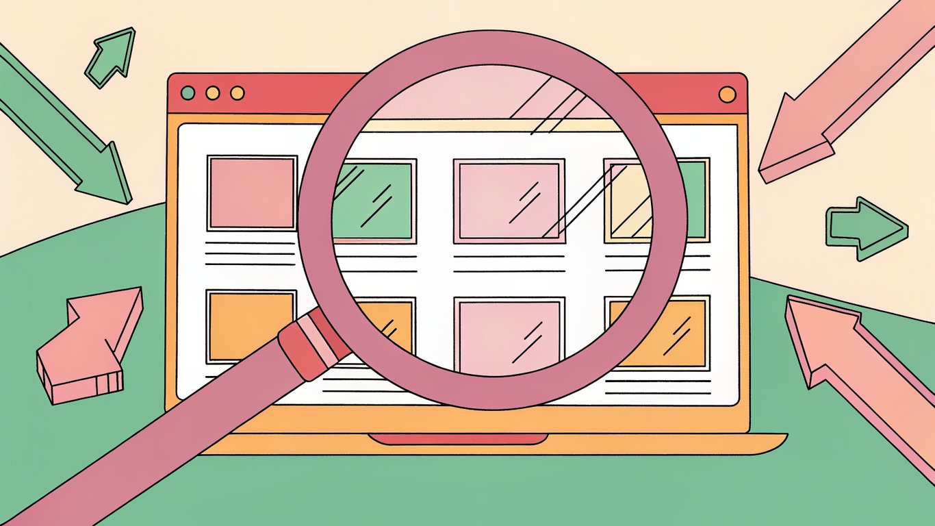 A sleek, high‑contrast illustration of a magnifying glass hovering over a digital webpage, revealing a glowing gap surrounded by floating keyword icons and directional arrows, all set against a subtle, modern gradient background.