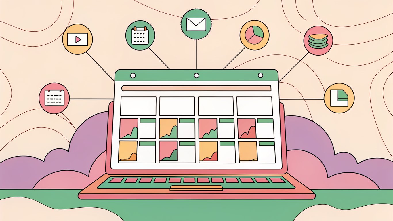 A sleek, high‑tech WordPress admin dashboard with a glowing, interconnected content calendar at its center, surrounded by floating icons of teamwork, analytics, and decision‑making, rendered in crisp blue and white tones with a subtle neon glow. The background features an abstract, flowing network of ideas, evoking the feel of an operating system in motion.