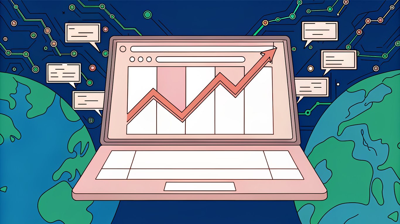 A sleek, futuristic laptop screen displays a glowing SEO dashboard with rising graph lines and floating keyword tags, surrounded by a 3D globe and neon blue circuitry, all illuminated in a dynamic, high-tech glow.