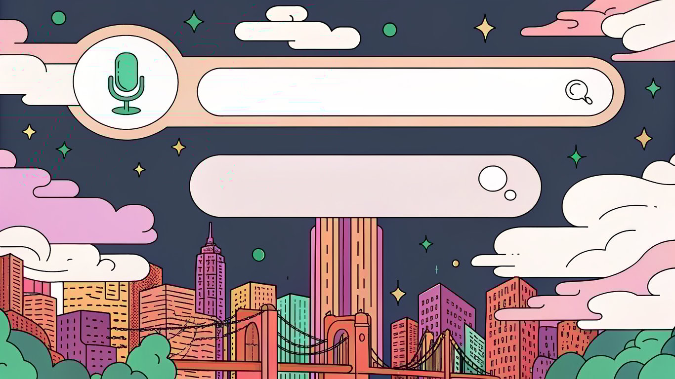 An elegant, futuristic WordPress dashboard interface with a glowing microphone icon hovering over a search bar, surrounded by floating speech bubbles and a subtle NYC skyline in the background, all rendered in vibrant, high-contrast colors to convey the fusion of voice technology and local search.
