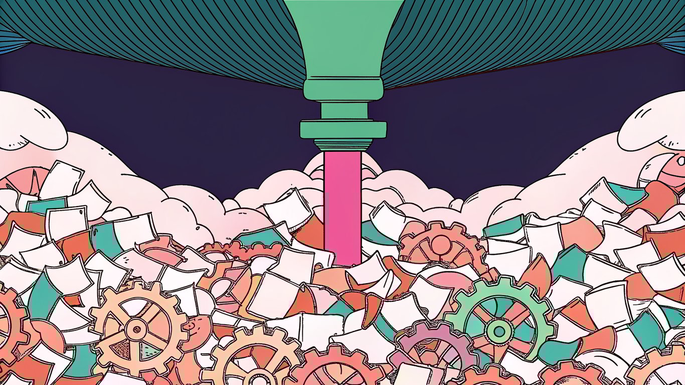 Illustration of a content production bottleneck, showing many tasks stuck at a narrow point in a workflow pipeline.