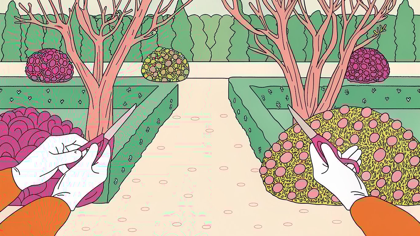 Illustration of a garden being pruned, with dead branches removed to allow healthy plants to thrive.