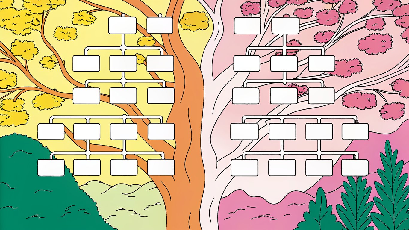 Diagram illustrating categories as a structured tree with main branches and tags as a flexible web of interconnected points.