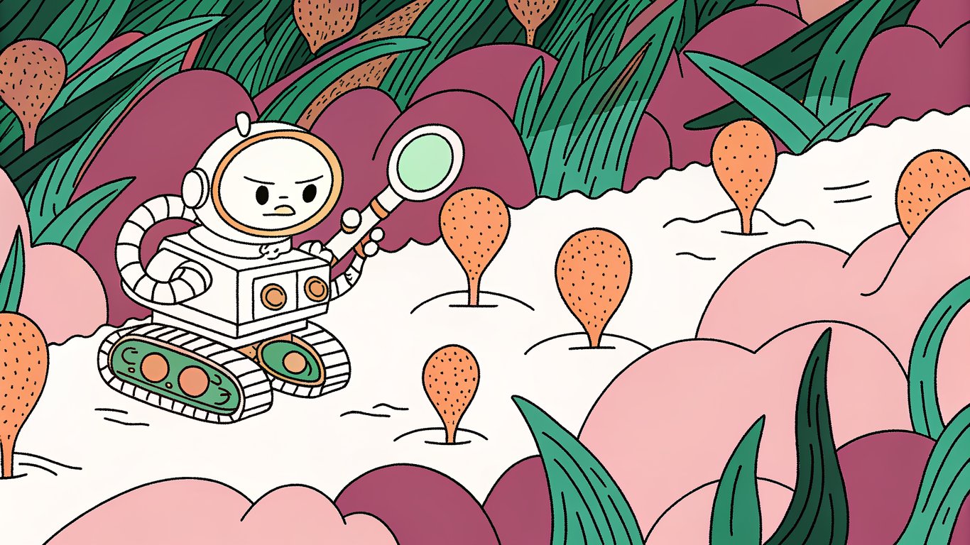 Illustration of a search engine crawler robot lost in a swamp of identical, low-quality pages, representing wasted crawl budget.