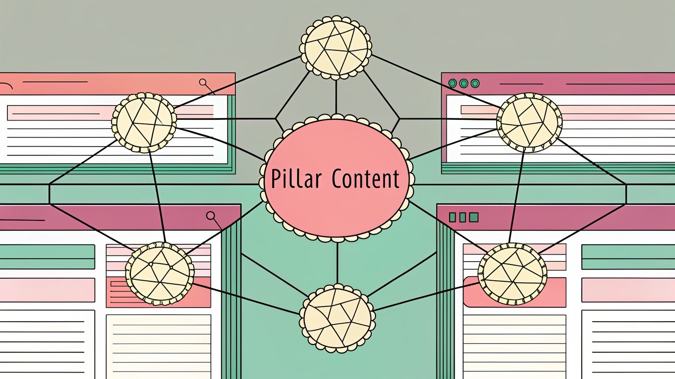 Illustration of a content cluster network, with a central pillar content node connected to multiple subtopic articles.