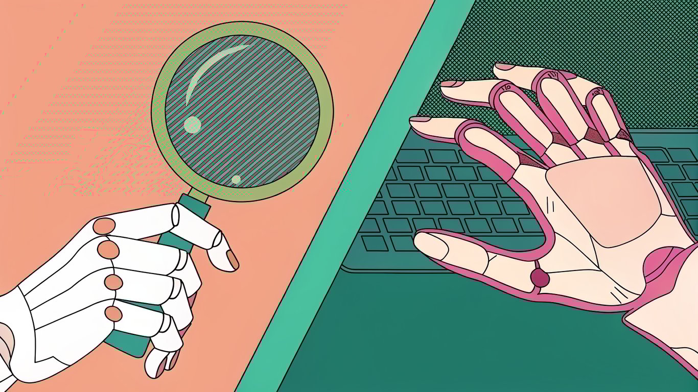 Illustration showing a robot hand quickly typing content and a magnifying glass carefully analyzing it, representing AI content speed versus search engine scrutiny.