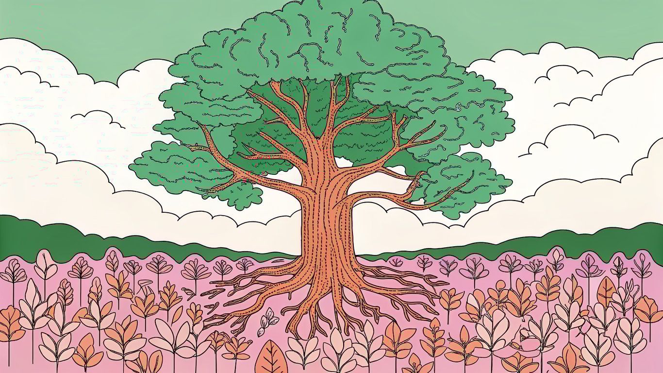Illustration of a strong, healthy tree representing quality content, surrounded by many small, weak saplings representing low-quality bulk content.
