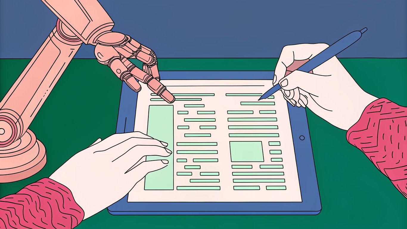 Illustration of a robotic arm and a human hand working together on a digital interface, symbolizing AI-human collaboration in content production.