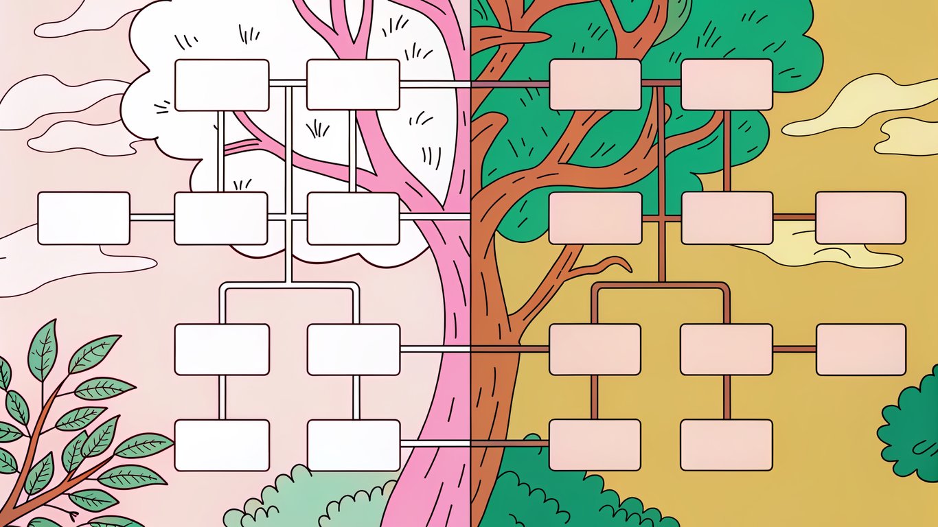 Diagram comparing hierarchical categories (tree) with non-hierarchical tags (network).