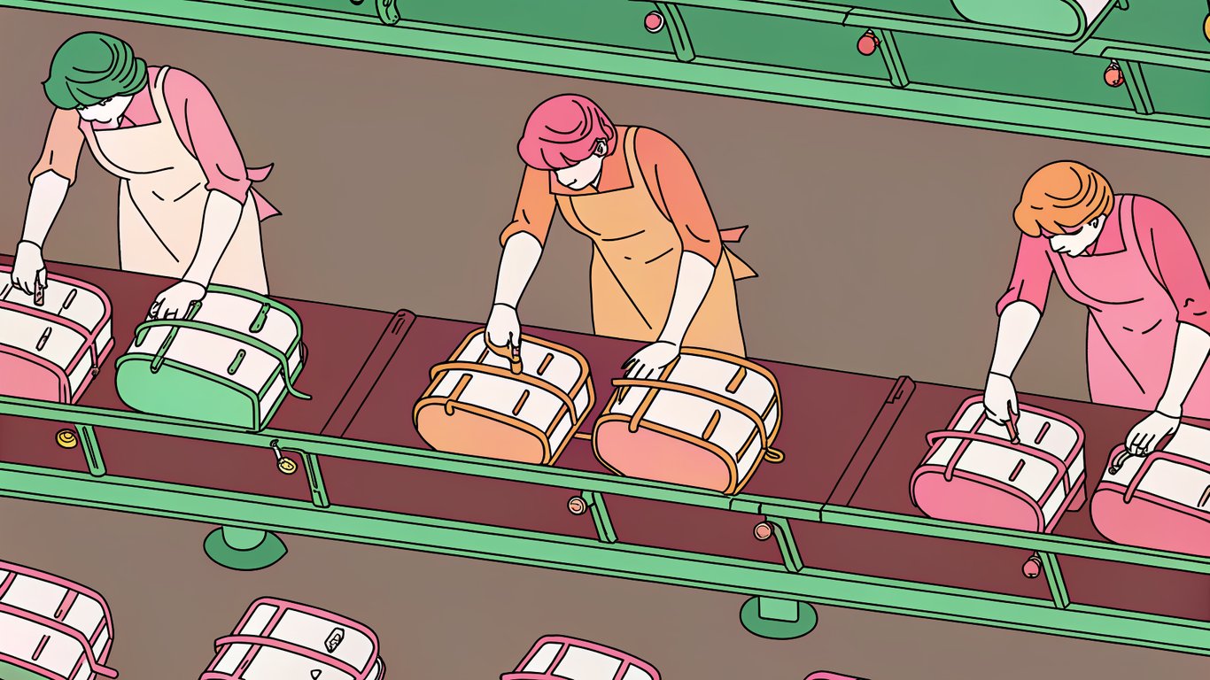 An assembly line with distinct workstations, each focused on a specific part of a product's creation, illustrating batching tasks.