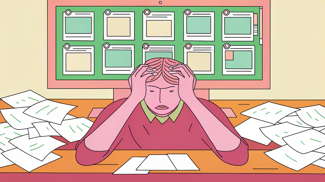 An overwhelmed person juggling many digital tasks on a computer, representing the struggle of context switching.