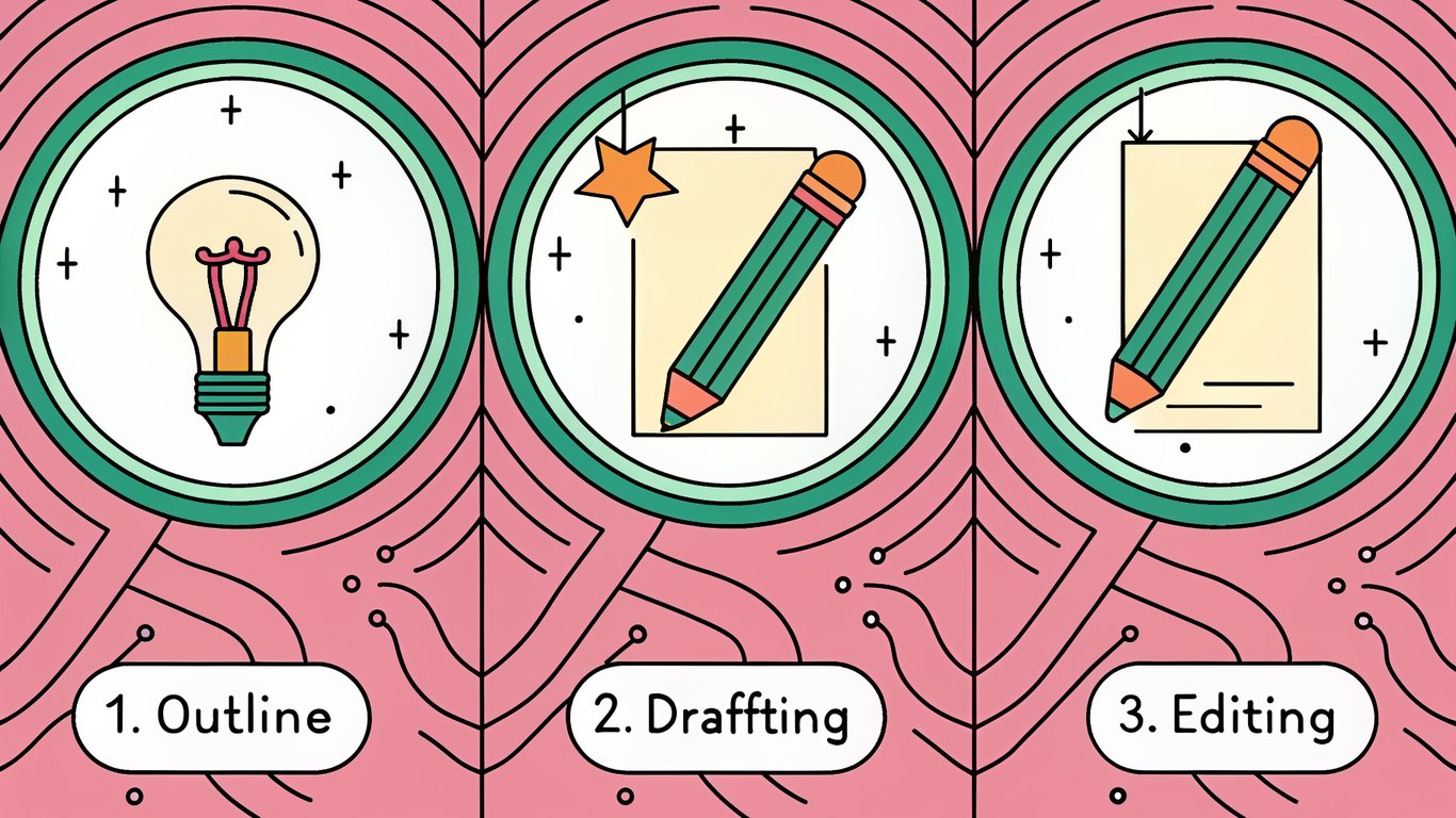 A three-stage workflow diagram showing distinct phases for outlining, drafting, and editing content, illustrating the batch writing process.