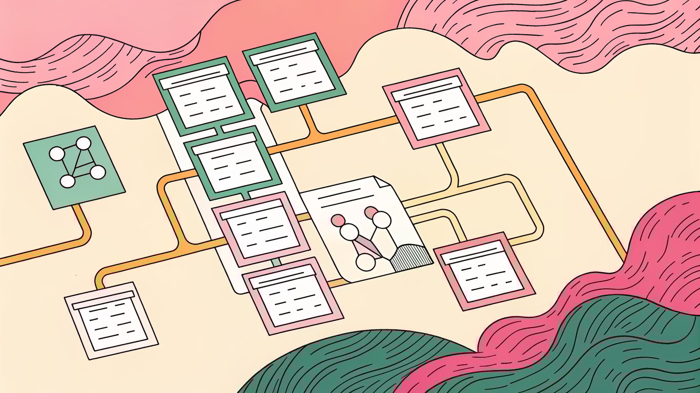 Abstract illustration of different content types being tagged with schema markup symbols and organized for search engines.