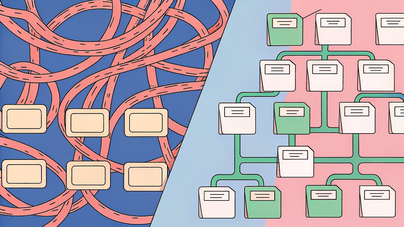 Comparison of a messy, unoptimized website structure versus a clean, optimized one.