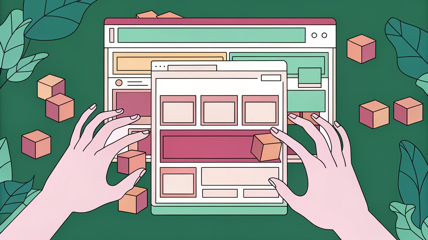 Illustration of a user visually customizing a webpage using a block editor interface.