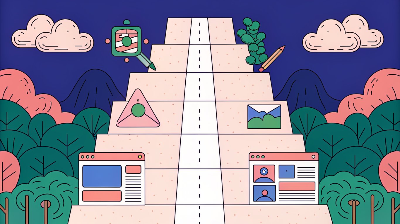 Roadmap illustrating 12 steps for SEO content optimization leading to higher search rankings.