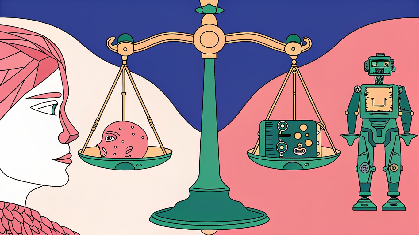 A balanced scale showing a human head and a search engine robot, representing the dual audience for content optimization.