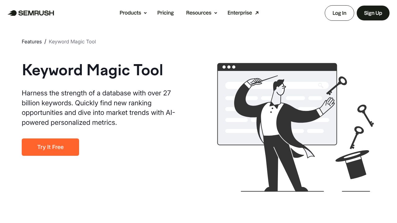 Screenshot of the SEMrush Keyword Magic Tool interface showing keyword data and grouping options.