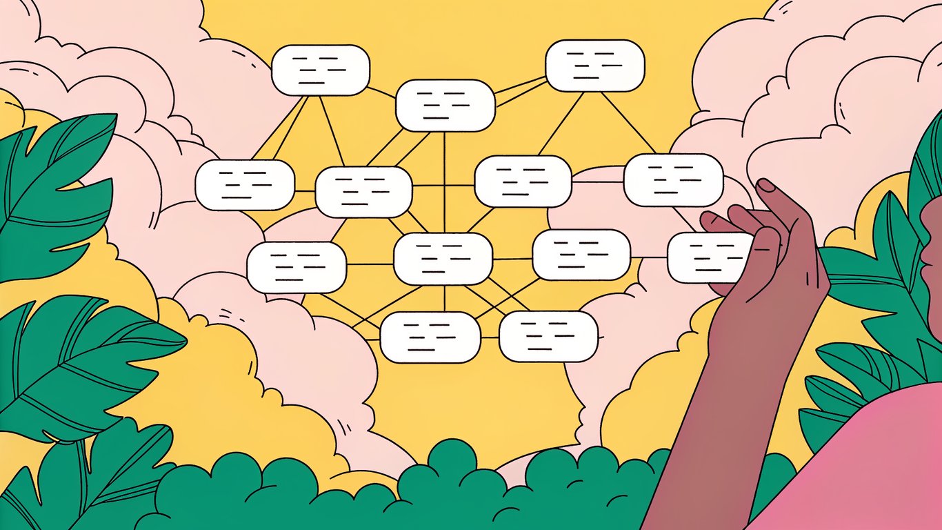 Illustration of a single keyword evolving into a network of interconnected topic clusters, representing the shift from individual keywords to topics.
