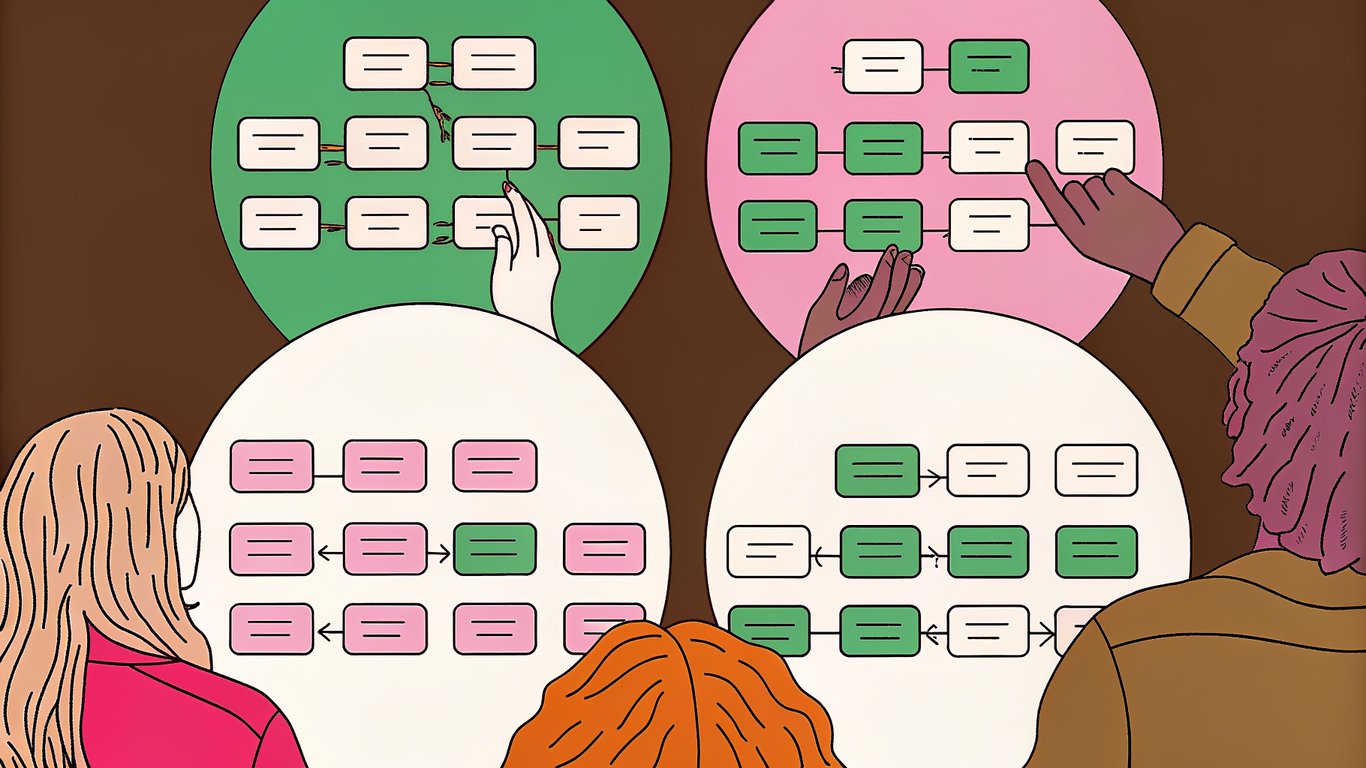 Illustration of multiple keywords being sorted and grouped into logical, color-coded topic clusters.