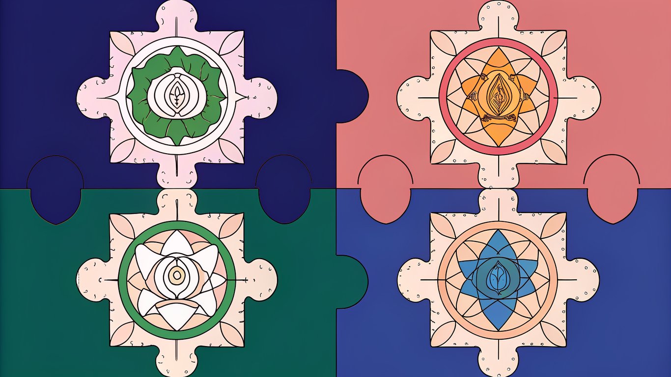 Illustration of four interlocking puzzle pieces, symbolizing the four core components of a content calendar framework.