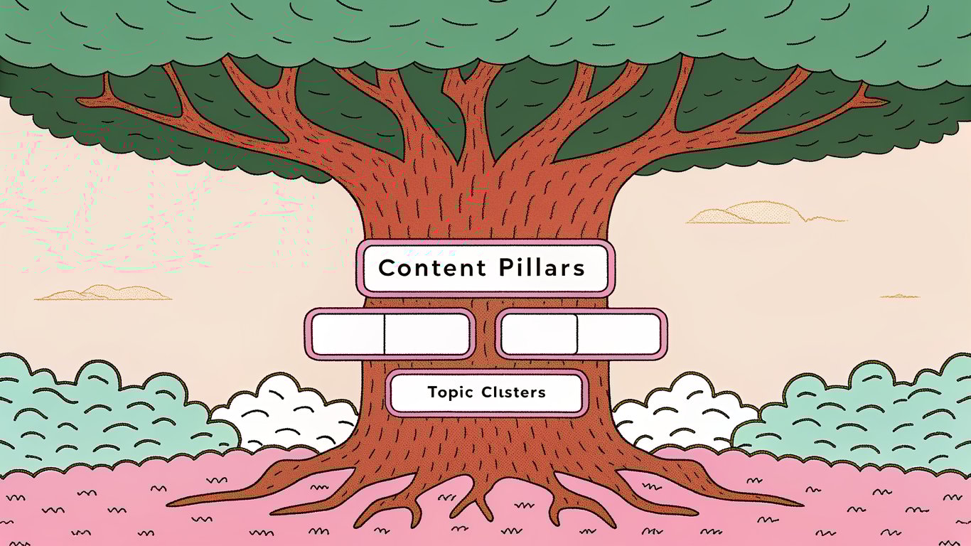 Illustration of a tree with content pillars as roots and topic clusters as branches, showing a structured content strategy.